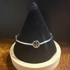 NEW Tory Burch Miller Pavé Hinge Bracelet Silver Tone Plain Logo Dainty